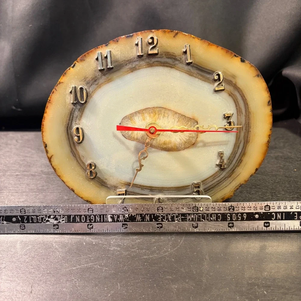 Vintage Agate Slice Desk Clock Natural Stone Geode Gold Tone Numerals Stand